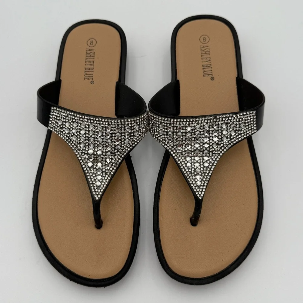 Ashley Blue Black Rhinestone‎ Embellished Thong Sandals Flip Flops Size 8